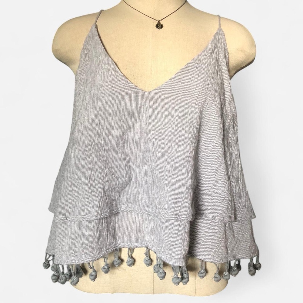 Lovestitch blue gray 100% cotton spaghetti strap Pom Pom v neck tank top medium